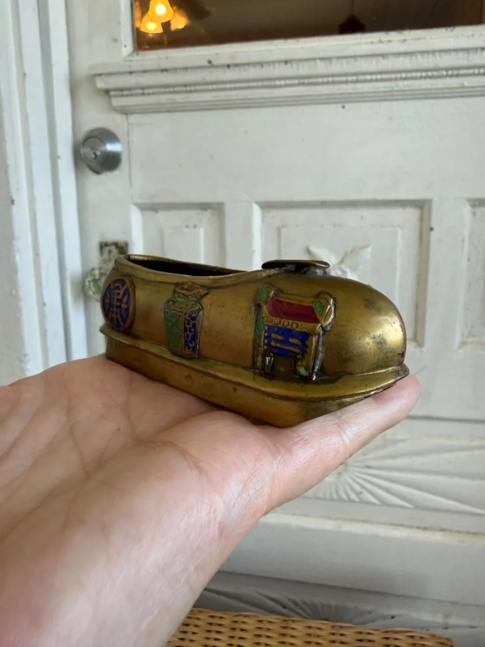 Vintage 1930s Chinese Slipper Shoe AshTray Pottery & brass with enamel